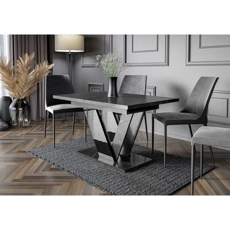 Stół do salonu czarny w kształcie V z krzesłami w idealnym stylu w salonie