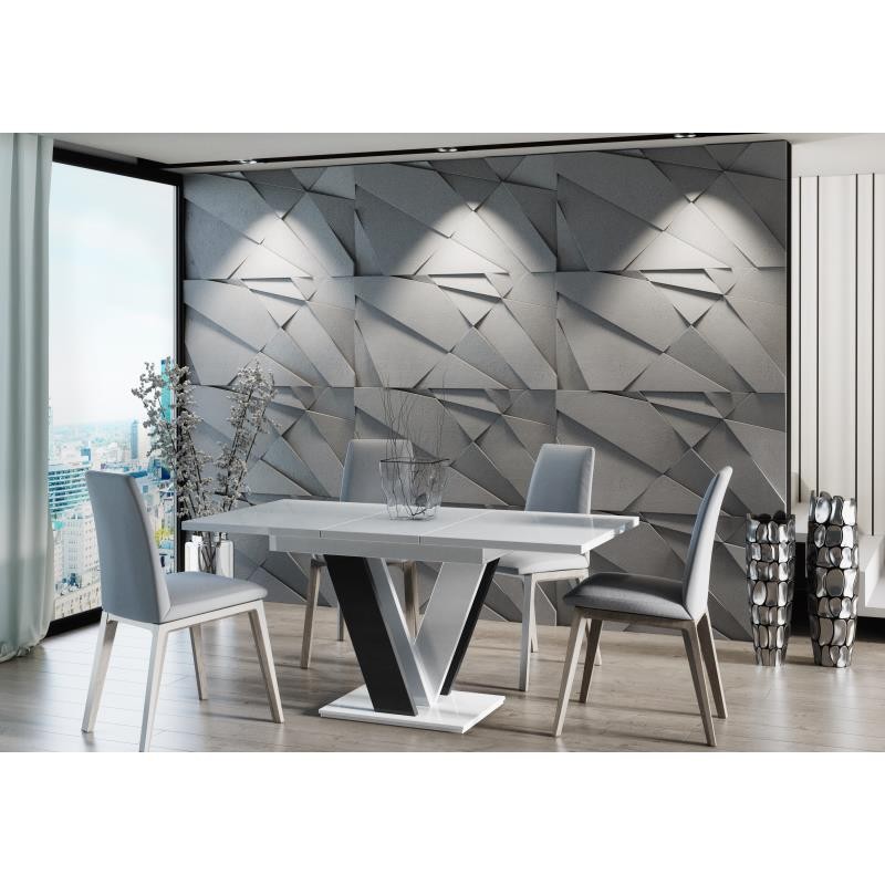 Stół do salonu z podstawą w kształcie litery V z krzesłami, prawa strona