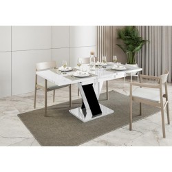 Stół do jadalni lub salonu z podstawą w kształcie litery V z minimalistycznymi krzesłami, lewa strona