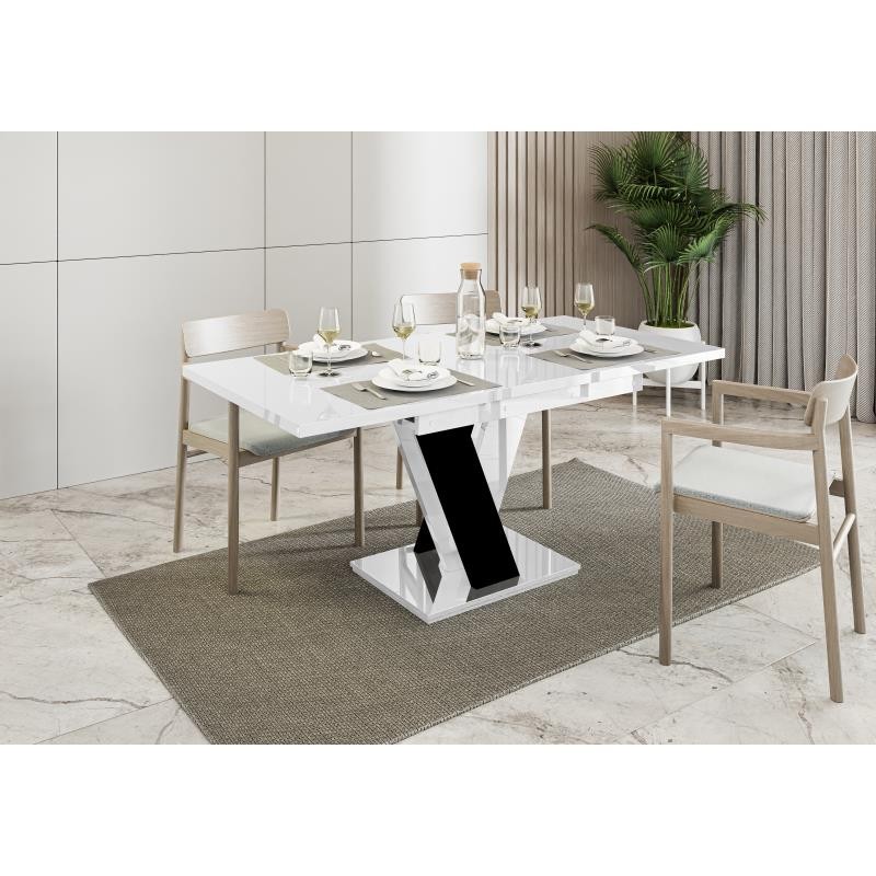 Stół do jadalni lub salonu z podstawą w kształcie litery V z minimalistycznymi krzesłami, lewa strona