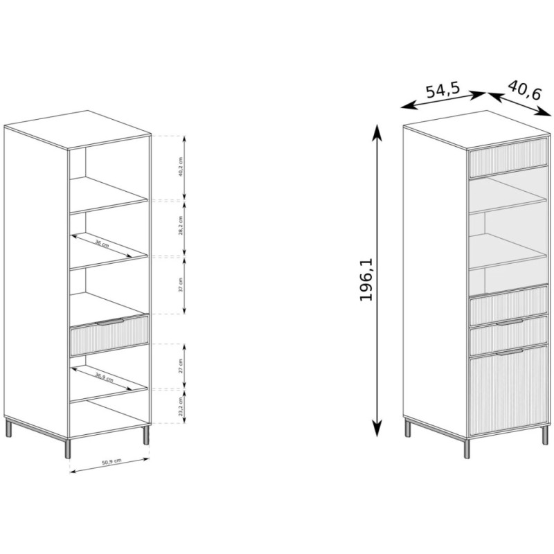 rysunek techniczny z wymiarami witryny jednodrzwiowej Linna
