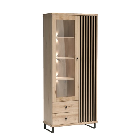 Witryna Caya Dąb Artisan z Lamelami i LED – Styl i Funkcjonalność
