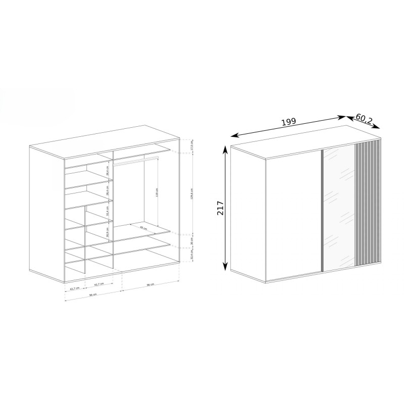 Szafa przesuwna z lustrem i lamelami CAYA – 199 cm szerokości
