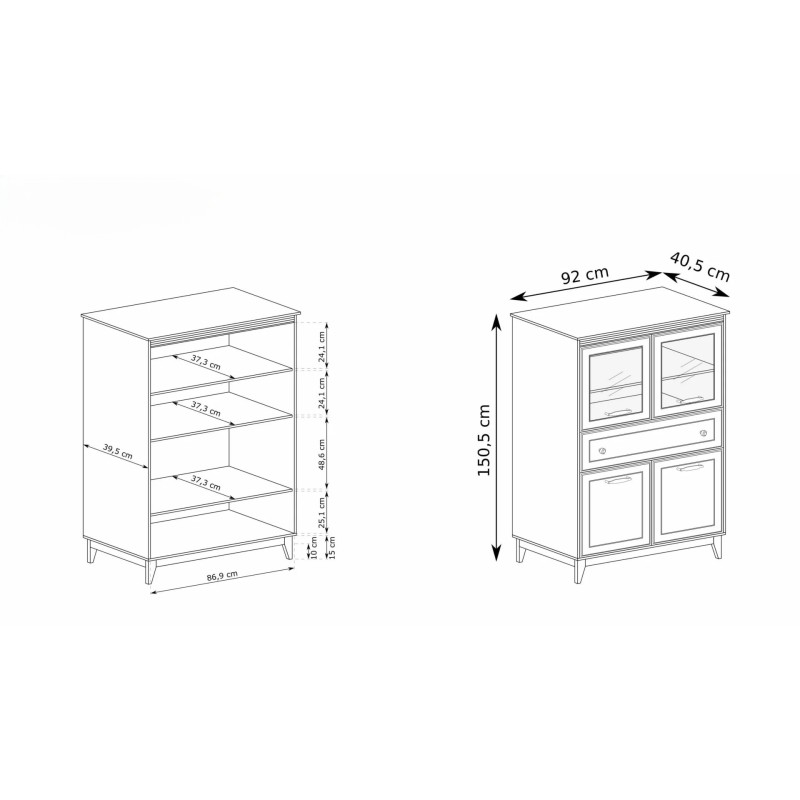 Stylowa witryna Charlott – szkło, półki, szuflada