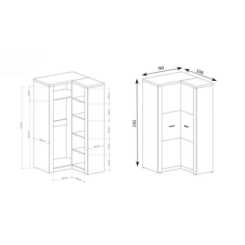 Szafa narożna POLIS – nowoczesna szafa narożna z drążkiem i półkami