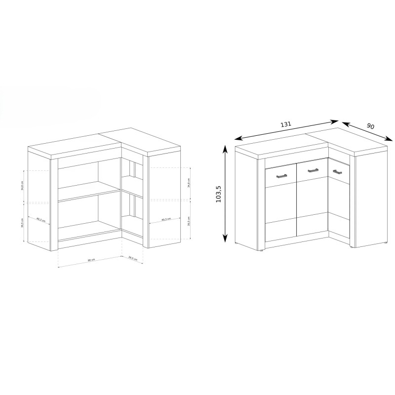 Komoda narożna POLIS – funkcjonalna komoda z oświetleniem LED