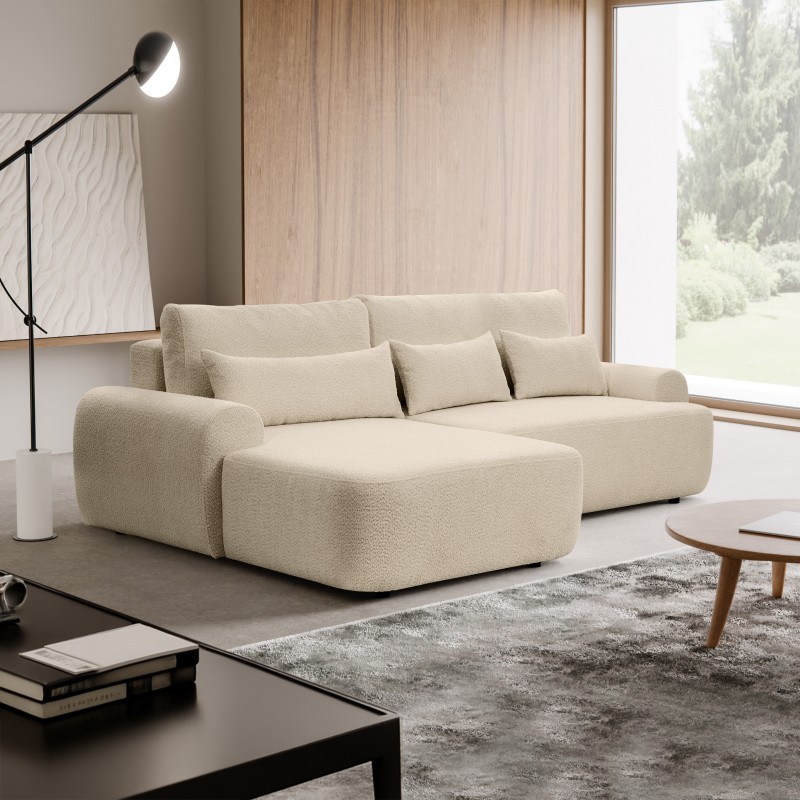 Narożnik OLIVER z funkcją spania i pojemnikiem – Bouclé