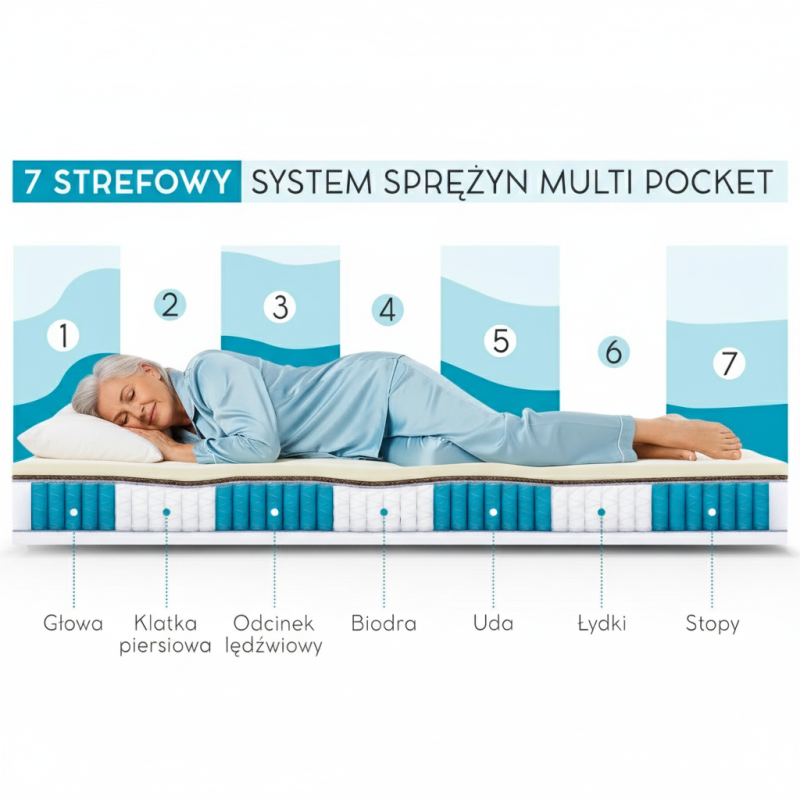 Materac medyczny kieszeniowy MEDIRO CARE SENIOR – 7 stref, H2/H3, lateks, kokos, TENCEL