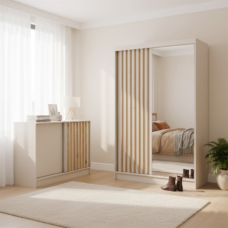 Komoda HORIZON – nowoczesna komoda z lamelami i drzwiami przesuwnymi