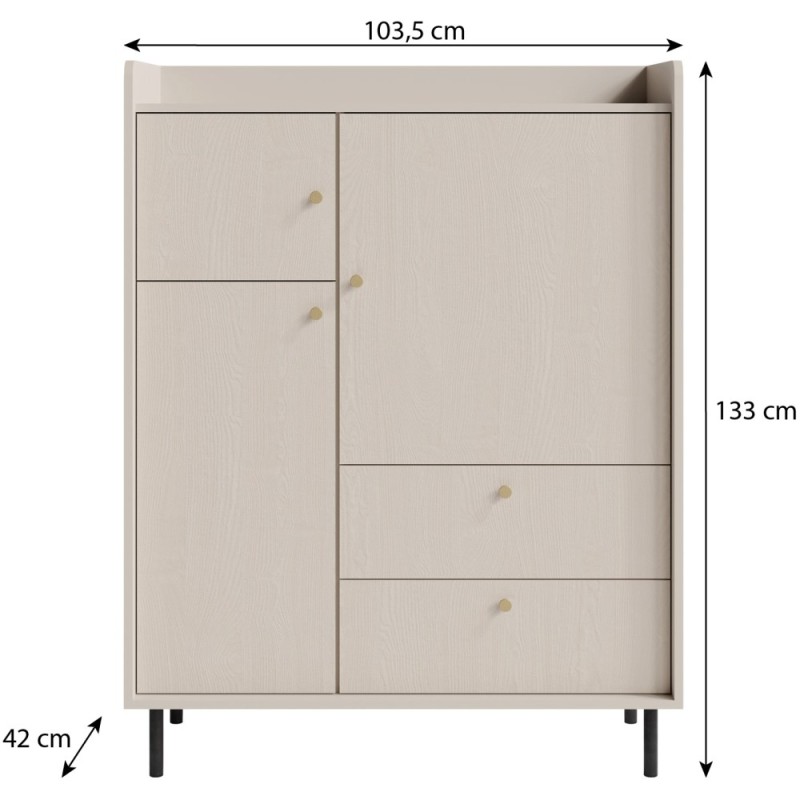 Komoda GLORIA – nowoczesna z 2 szufladami i 3 drzwiami, złote uchwyty