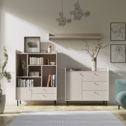 Komoda GLORIA – nowoczesna z 2 szufladami i 3 drzwiami, złote uchwyty