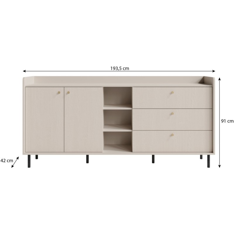 Komoda GLORIA – nowoczesna z 3 szufladami i 2 drzwiami, złote uchwyty