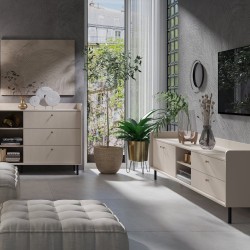 Komoda GLORIA – nowoczesna z 3 szufladami i 2 drzwiami, złote uchwyty