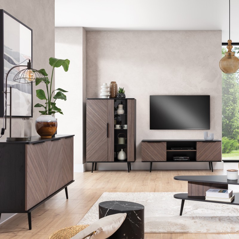 Witryna PARINI – 2 drzwi, 5 półek, hartowane szkło | Czarny Grafit / Captains Deck