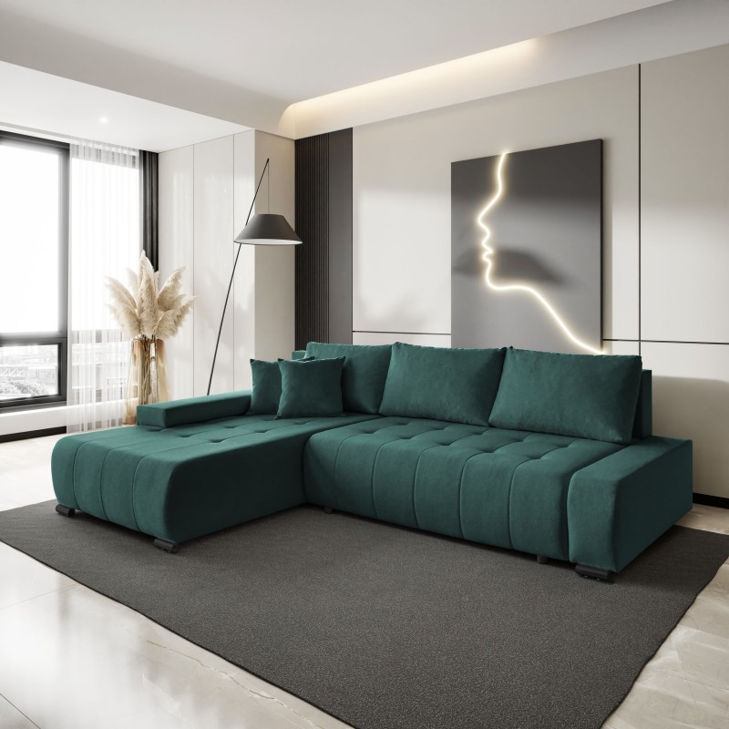 Narożnik z funkcją spania Draco L  Barrel zielony aranżacja lewy