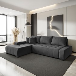 Narożnik z funkcją spania Draco L  Barrel  ciemno szary aranżacja lewy