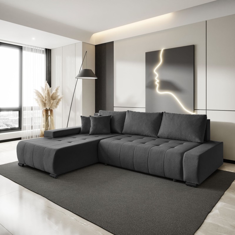 Narożnik z funkcją spania Draco L  Barrel  ciemno szary aranżacja lewy