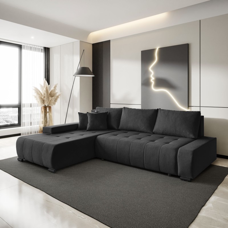 Narożnik z funkcją spania Draco L  Barrel  czarny  aranżacja lewy