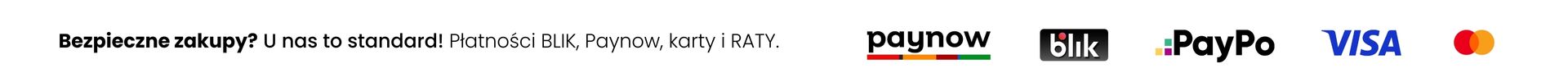 Bezpieczne zakupy? U nas to standard! Płatności BLIK, paynow, VISA, Mastercard, raty i PayPo. - Banner z dostępnymi metodami płatności w sklepie meblowym beautysofa24.pl